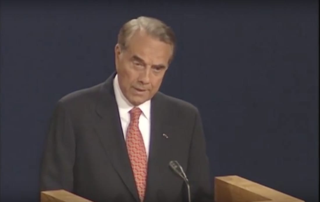 Bob Dole at a podium during the first 1996 United States presidential debate in Hartford, Connecticut.